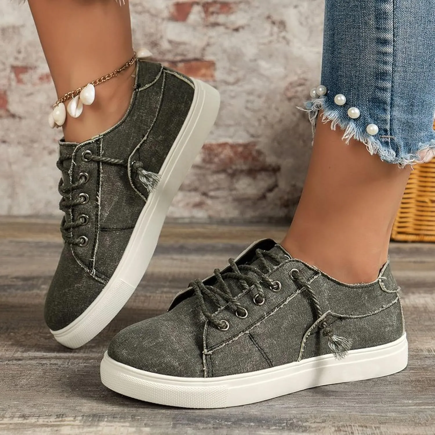 Women's Fashion Casual Shoes Lace Up Retro Canvas Boat Shoe Outwear Comfortable Air Cushioned Walking Sneakers Tennis Skate Jogging Non Slip Orthopedic Ladies Footwear for Daily Wear