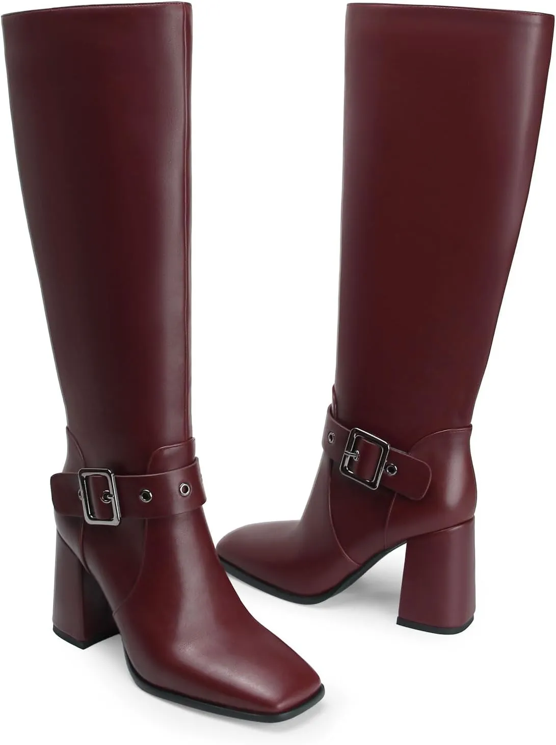 Women's Knee High Boots Chunky Heel Square Toe PU Leather Boots with Side Zipper Urban Chic Tall Boots for Fashion Street Style