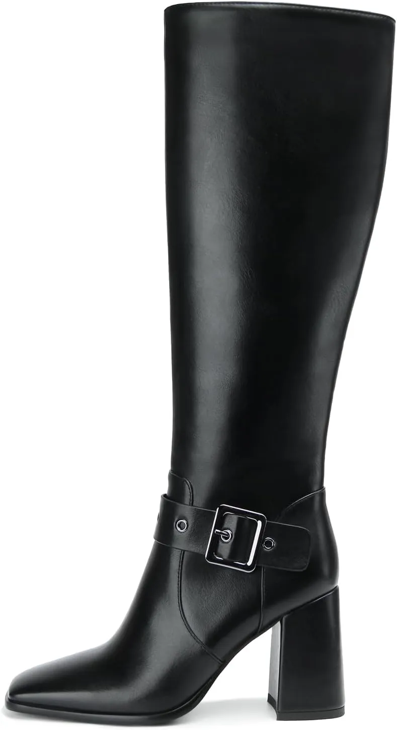 Women's Knee High Boots Chunky Heel Square Toe PU Leather Boots with Side Zipper Urban Chic Tall Boots for Fashion Street Style