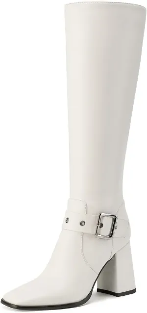 Women's Knee High Boots Chunky Heel Square Toe PU Leather Boots with Side Zipper Urban Chic Tall Boots for Fashion Street Style