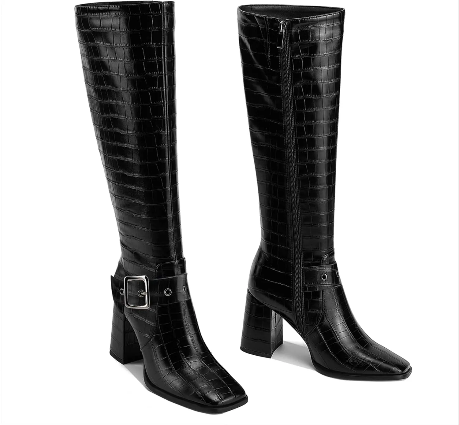 Women's Knee High Boots Chunky Heel Square Toe PU Leather Boots with Side Zipper Urban Chic Tall Boots for Fashion Street Style