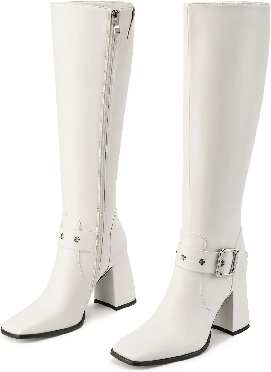 Women's Knee High Boots Chunky Heel Square Toe PU Leather Boots with Side Zipper Urban Chic Tall Boots for Fashion Street Style