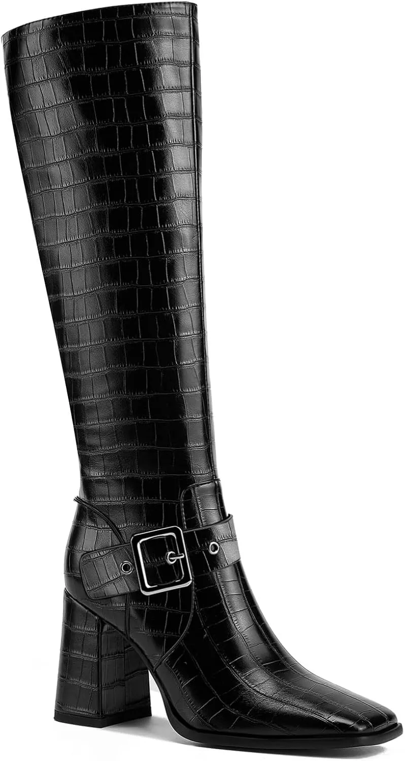 Women's Knee High Boots Chunky Heel Square Toe PU Leather Boots with Side Zipper Urban Chic Tall Boots for Fashion Street Style