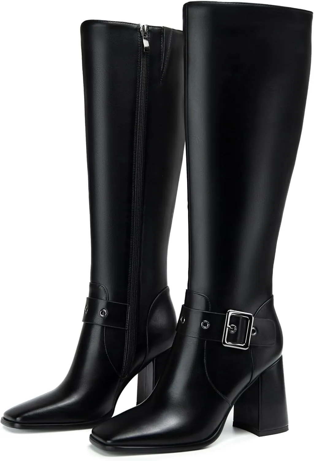 Women's Knee High Boots Chunky Heel Square Toe PU Leather Boots with Side Zipper Urban Chic Tall Boots for Fashion Street Style