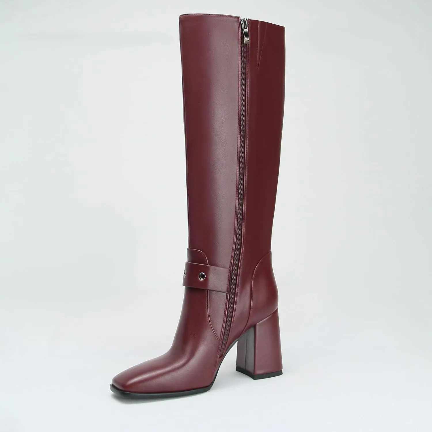 Women's Knee High Boots Chunky Heel Square Toe PU Leather Boots with Side Zipper Urban Chic Tall Boots for Fashion Street Style