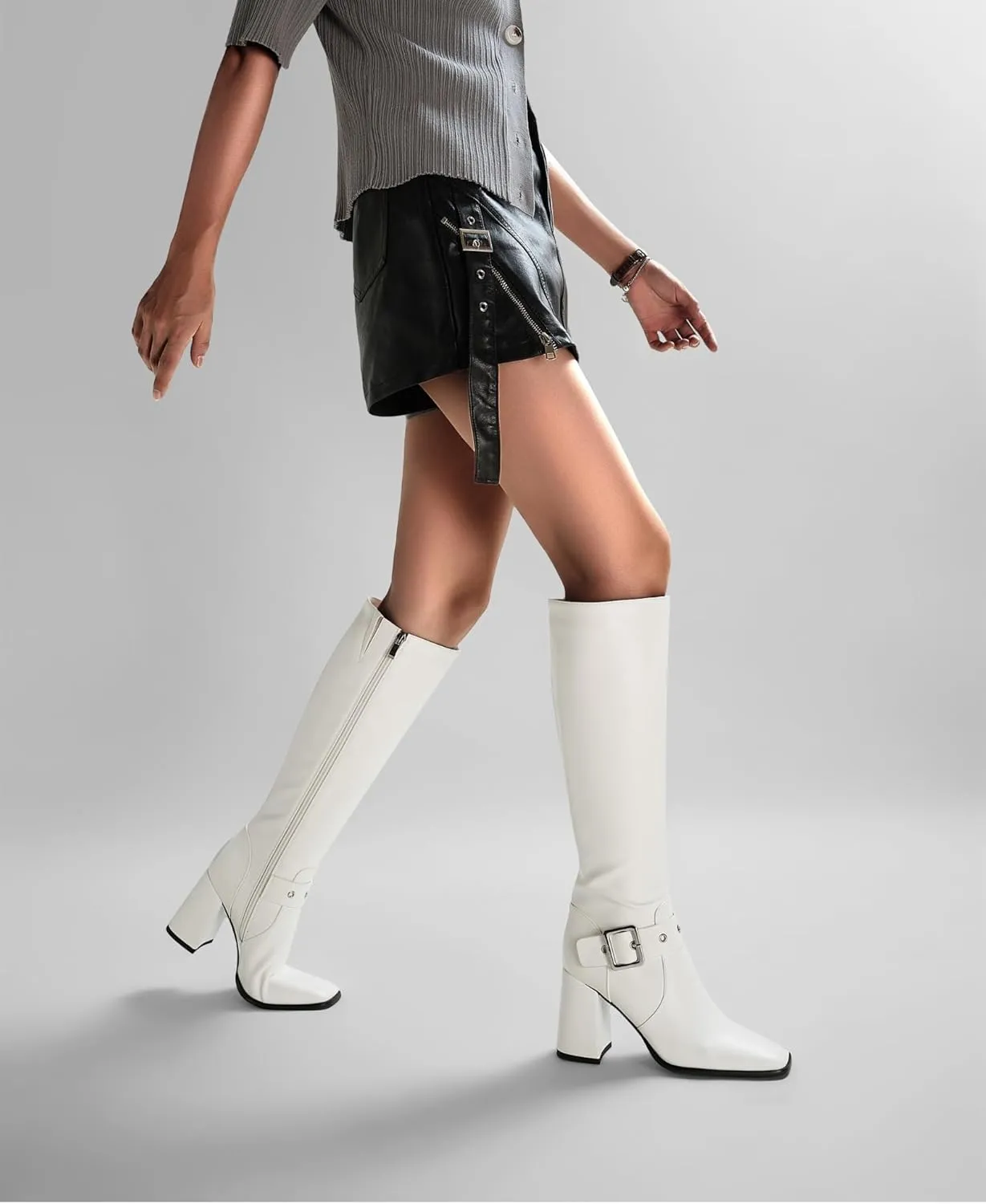 Women's Knee High Boots Chunky Heel Square Toe PU Leather Boots with Side Zipper Urban Chic Tall Boots for Fashion Street Style