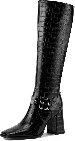 Women's Knee High Boots Chunky Heel Square Toe PU Leather Boots with Side Zipper Urban Chic Tall Boots for Fashion Street Style