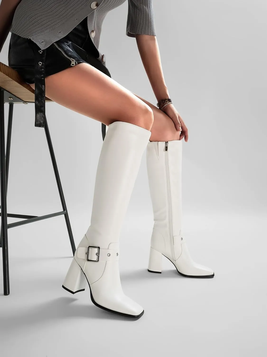 Women's Knee High Boots Chunky Heel Square Toe PU Leather Boots with Side Zipper Urban Chic Tall Boots for Fashion Street Style