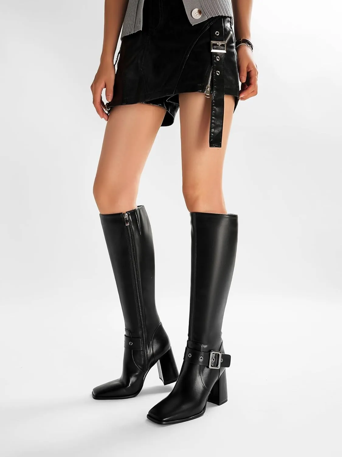 Women's Knee High Boots Chunky Heel Square Toe PU Leather Boots with Side Zipper Urban Chic Tall Boots for Fashion Street Style
