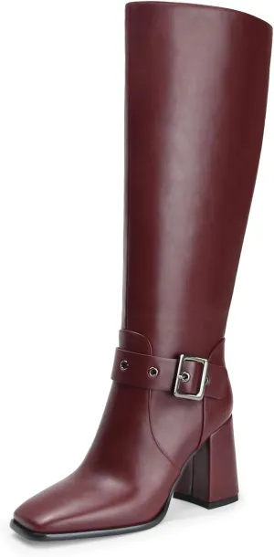 Women's Knee High Boots Chunky Heel Square Toe PU Leather Boots with Side Zipper Urban Chic Tall Boots for Fashion Street Style