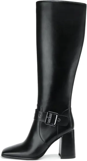Women's Knee High Boots Chunky Heel Square Toe PU Leather Boots with Side Zipper Urban Chic Tall Boots for Fashion Street Style