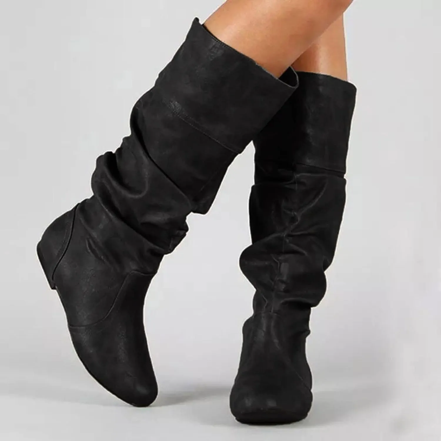 Womens Knee High Boots No Heel,Casual Pull On Tall Boots Slouchy Leather Flat Booties Wide Calf Boots for Women 2024