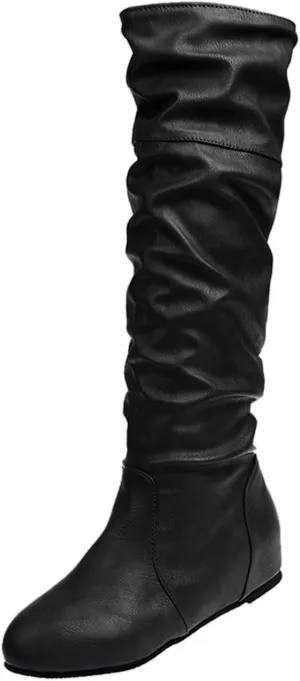 Womens Knee High Boots No Heel,Casual Pull On Tall Boots Slouchy Leather Flat Booties Wide Calf Boots for Women 2024