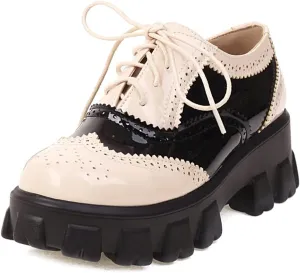 Women's Lace Up Wingtip Two Tone Oxford Shoes Perforated Mid Heel School Vintage Saddle Oxford Brogues
