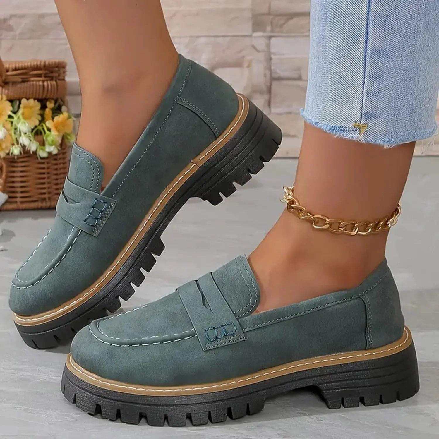 Womens Loafers Comfortable Dress,Chunky Platform Penny Loafers Lug Sole Slip On Fall Shoes Work Business Casual Shoes