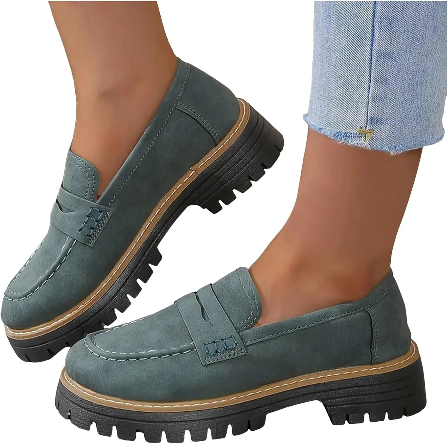 Womens Loafers Comfortable Dress,Chunky Platform Penny Loafers Lug Sole Slip On Fall Shoes Work Business Casual Shoes