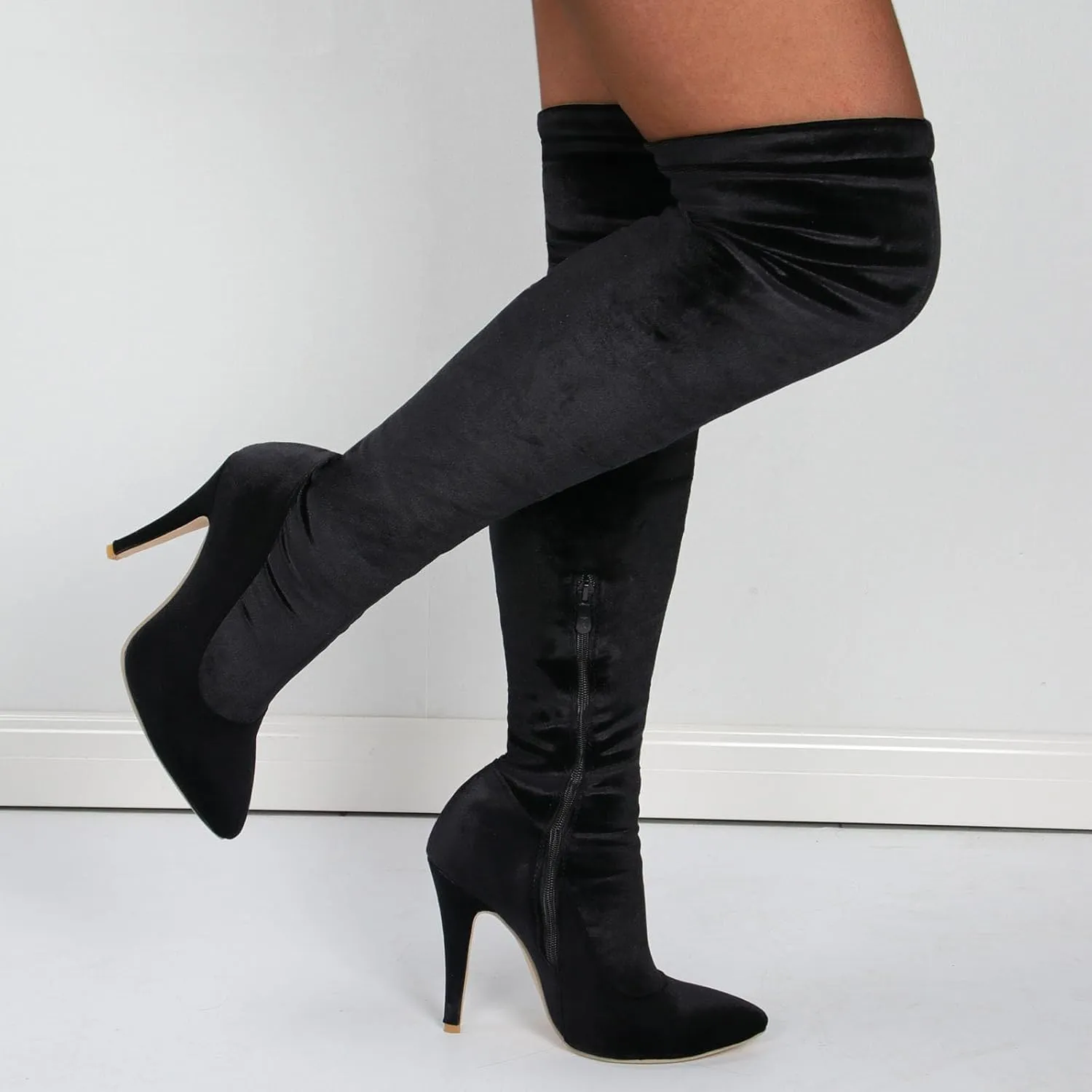 Women's Over The Knee Straight Boots, Suede Tight Boots Pointed Toe Stiletto Heels Side Zipper Large Size Long Boots Slim Fit Fashion Show Boots for Women