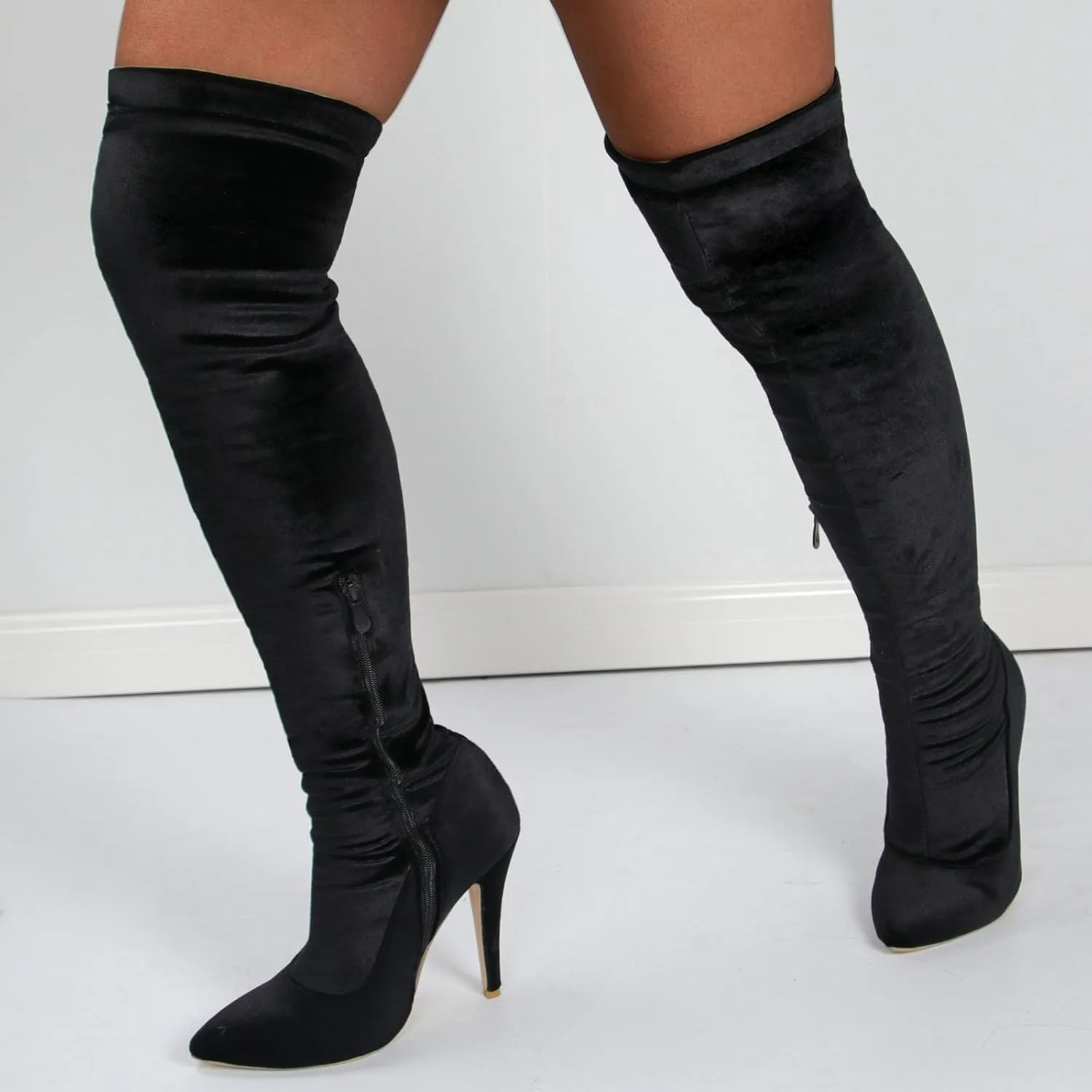 Women's Over The Knee Straight Boots, Suede Tight Boots Pointed Toe Stiletto Heels Side Zipper Large Size Long Boots Slim Fit Fashion Show Boots for Women