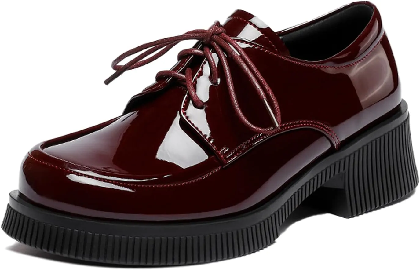 Women's Patent Leather Lace Up Block Low Heel Oxfords Round Toe Chunky Platform Formal Work Dress Loafers Daily Non-Slip Soft Sole Casual Shoes