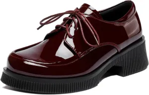 Women's Patent Leather Lace Up Block Low Heel Oxfords Round Toe Chunky Platform Formal Work Dress Loafers Daily Non-Slip Soft Sole Casual Shoes