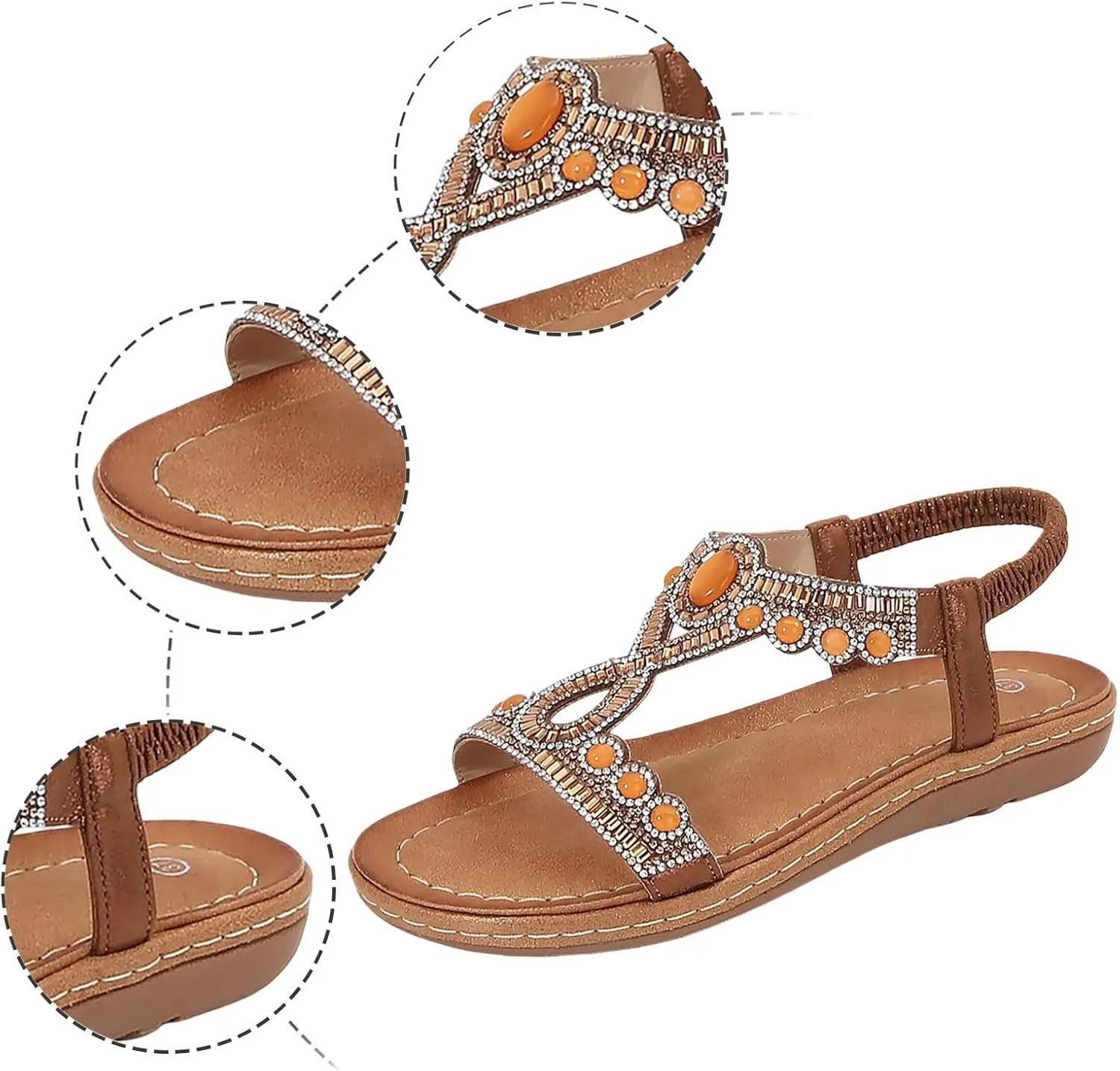 Women's Rhinestone Flat Sandals Bohemian Summer Beach Shoes Comfortable Non Slip Elastic Strap Dressy Casual Walking Sandals for Outdoor Vacation