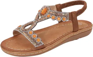 Women's Rhinestone Flat Sandals Bohemian Summer Beach Shoes Comfortable Non Slip Elastic Strap Dressy Casual Walking Sandals for Outdoor Vacation