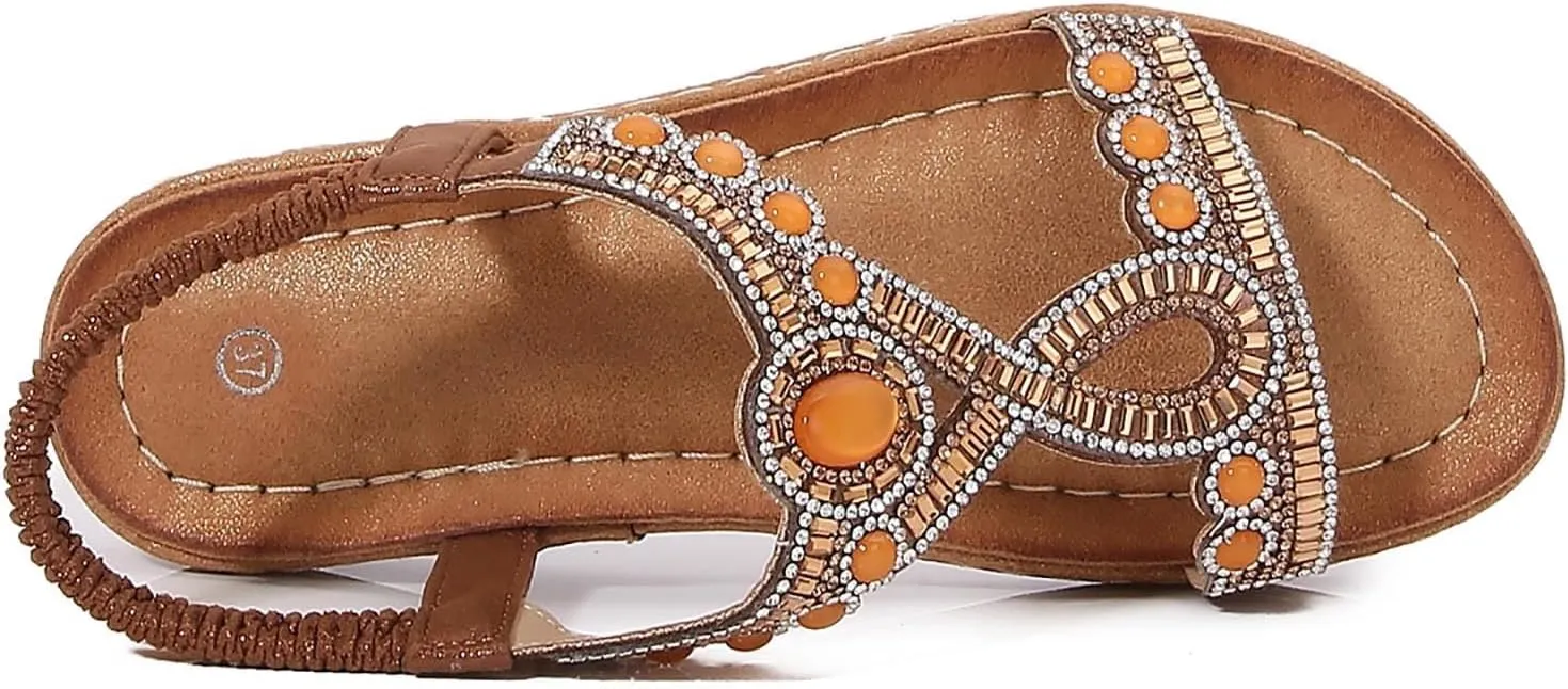 Women's Rhinestone Flat Sandals Bohemian Summer Beach Shoes Comfortable Non Slip Elastic Strap Dressy Casual Walking Sandals for Outdoor Vacation