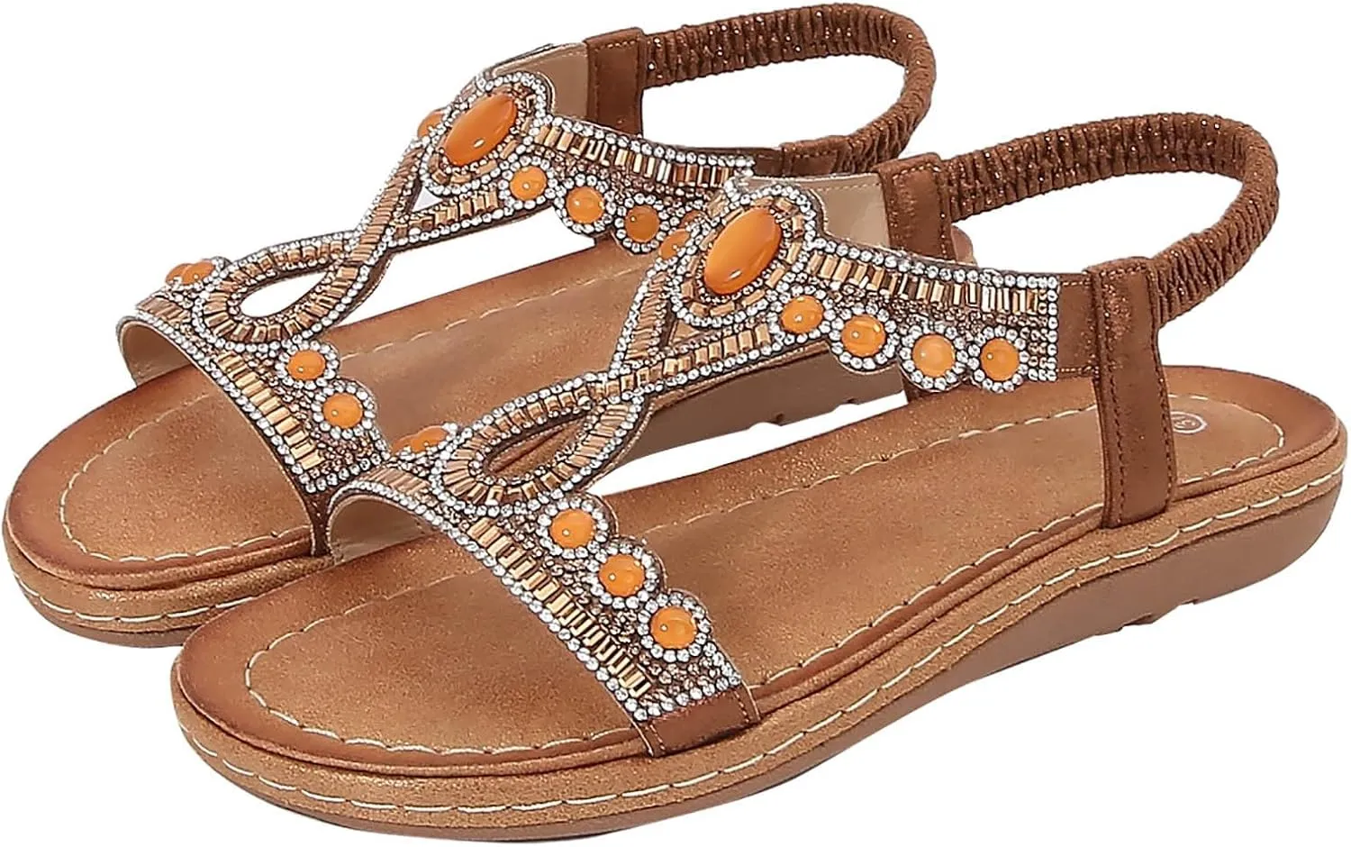 Women's Rhinestone Flat Sandals Bohemian Summer Beach Shoes Comfortable Non Slip Elastic Strap Dressy Casual Walking Sandals for Outdoor Vacation