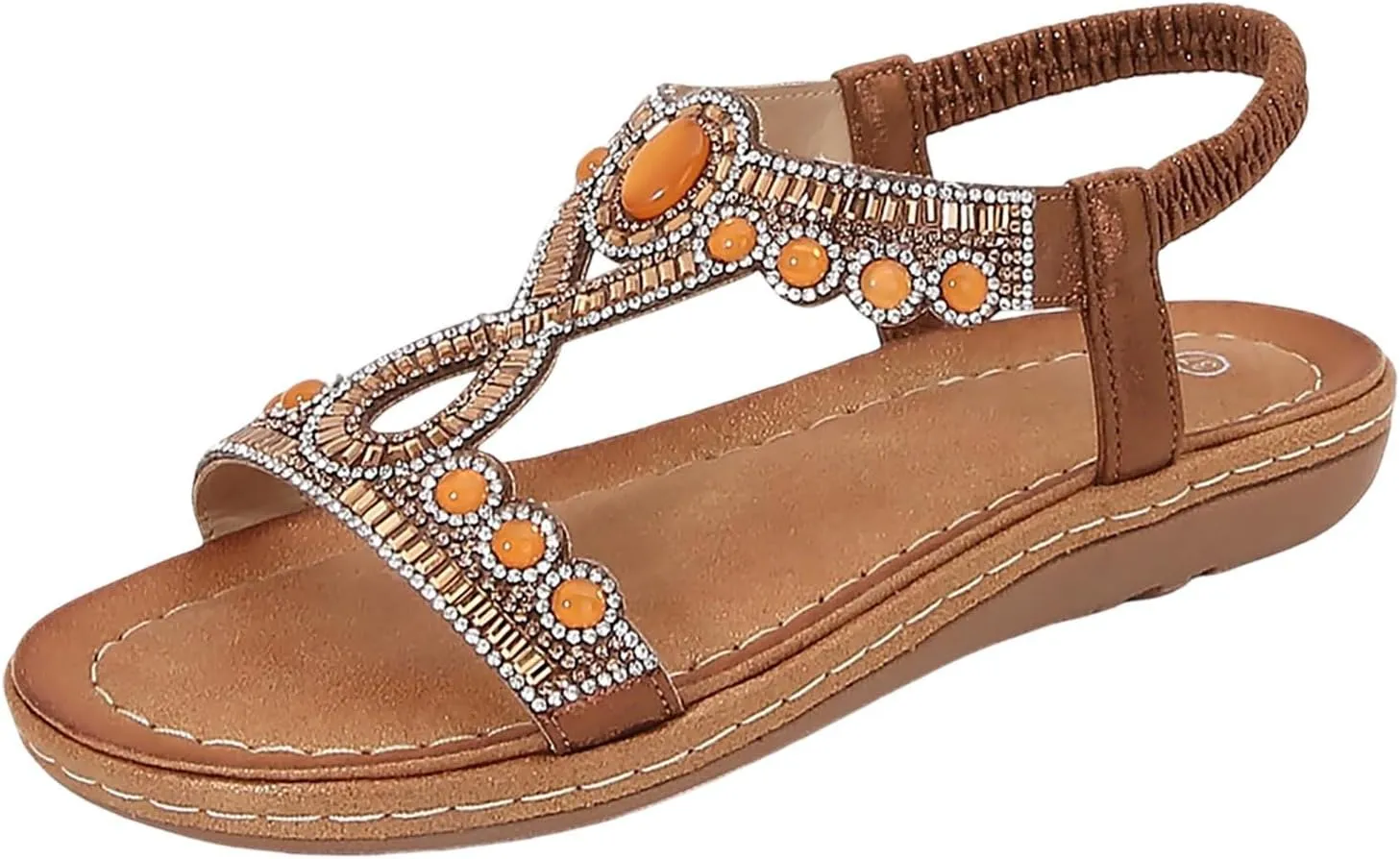 Women's Rhinestone Flat Sandals Bohemian Summer Beach Shoes Comfortable Non Slip Elastic Strap Dressy Casual Walking Sandals for Outdoor Vacation
