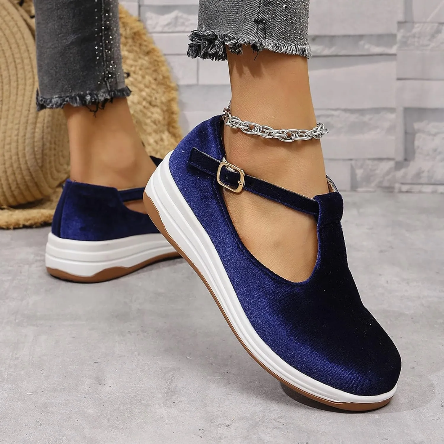 Womens Slip On Shoes Casual Faux Suede Fashion Cushioned Sneakers with Adjustable Ankle Strap Summer Walking Shoes