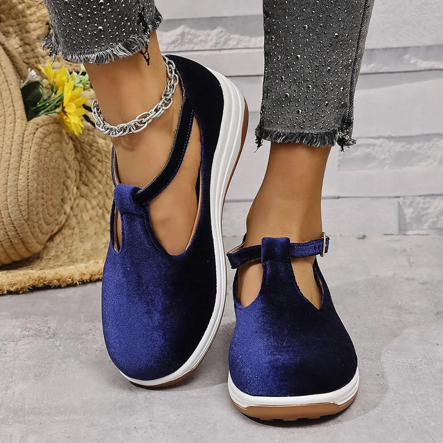 Womens Slip On Shoes Casual Faux Suede Fashion Cushioned Sneakers with Adjustable Ankle Strap Summer Walking Shoes