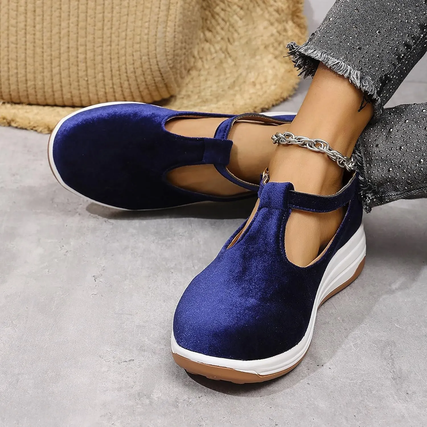 Womens Slip On Shoes Casual Faux Suede Fashion Cushioned Sneakers with Adjustable Ankle Strap Summer Walking Shoes