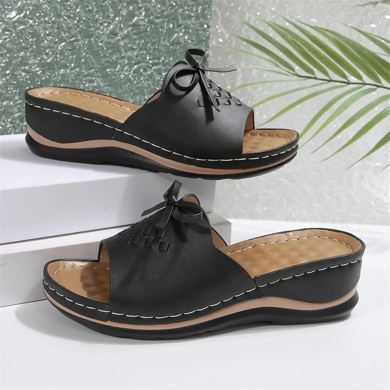 Women's Slip-On Wedge Sandals Chic Bow Orthopedic Sandals Lightweight Comfortable Open Toe Slippers Summer Beach Slip-On Shoes Soft Insole & Anti-Slip Sole Boho Slingback Sandal