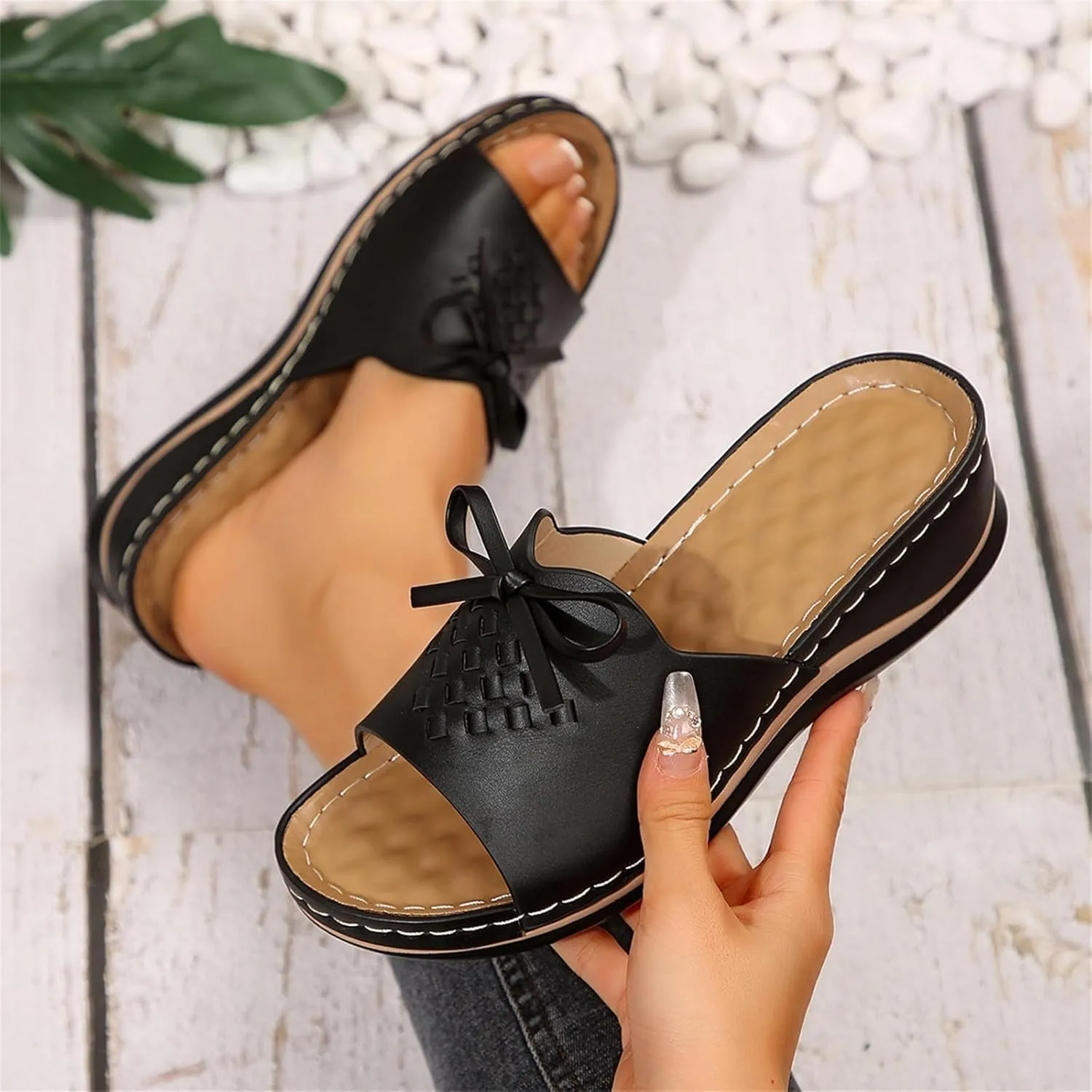 Women's Slip-On Wedge Sandals Chic Bow Orthopedic Sandals Lightweight Comfortable Open Toe Slippers Summer Beach Slip-On Shoes Soft Insole & Anti-Slip Sole Boho Slingback Sandal