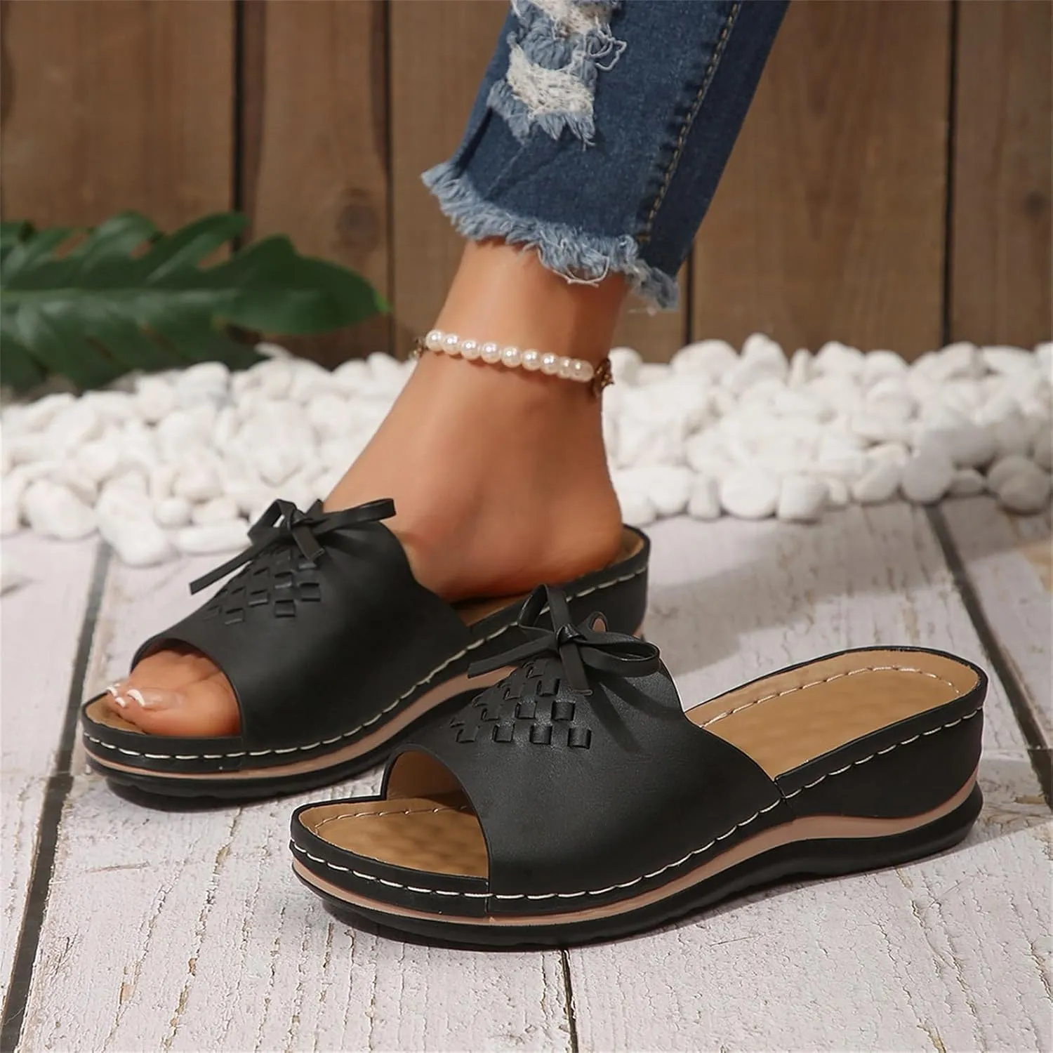 Women's Slip-On Wedge Sandals Chic Bow Orthopedic Sandals Lightweight Comfortable Open Toe Slippers Summer Beach Slip-On Shoes Soft Insole & Anti-Slip Sole Boho Slingback Sandal