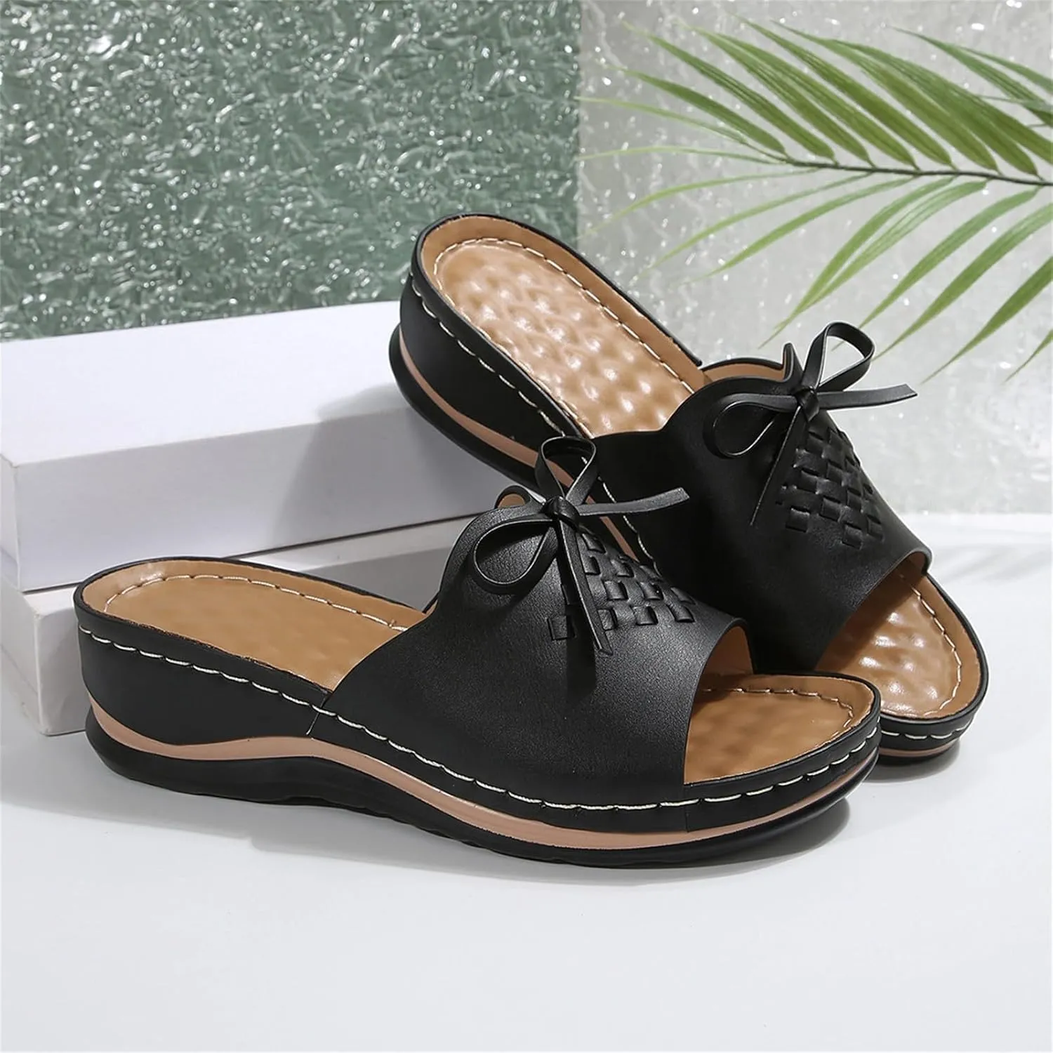 Women's Slip-On Wedge Sandals Chic Bow Orthopedic Sandals Lightweight Comfortable Open Toe Slippers Summer Beach Slip-On Shoes Soft Insole & Anti-Slip Sole Boho Slingback Sandal