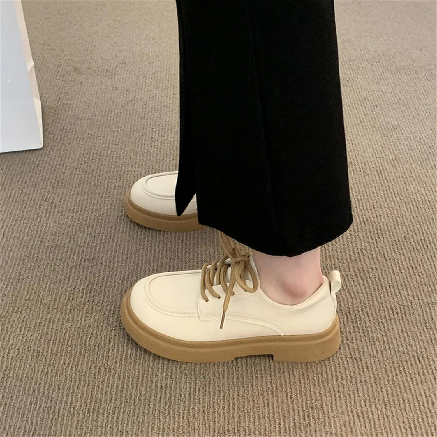 Women's Soft Leather Platform Lace Up Oxfords Casual Round Toe Mid Chunky Heel Penny Loafers for Work Business Office Shoes