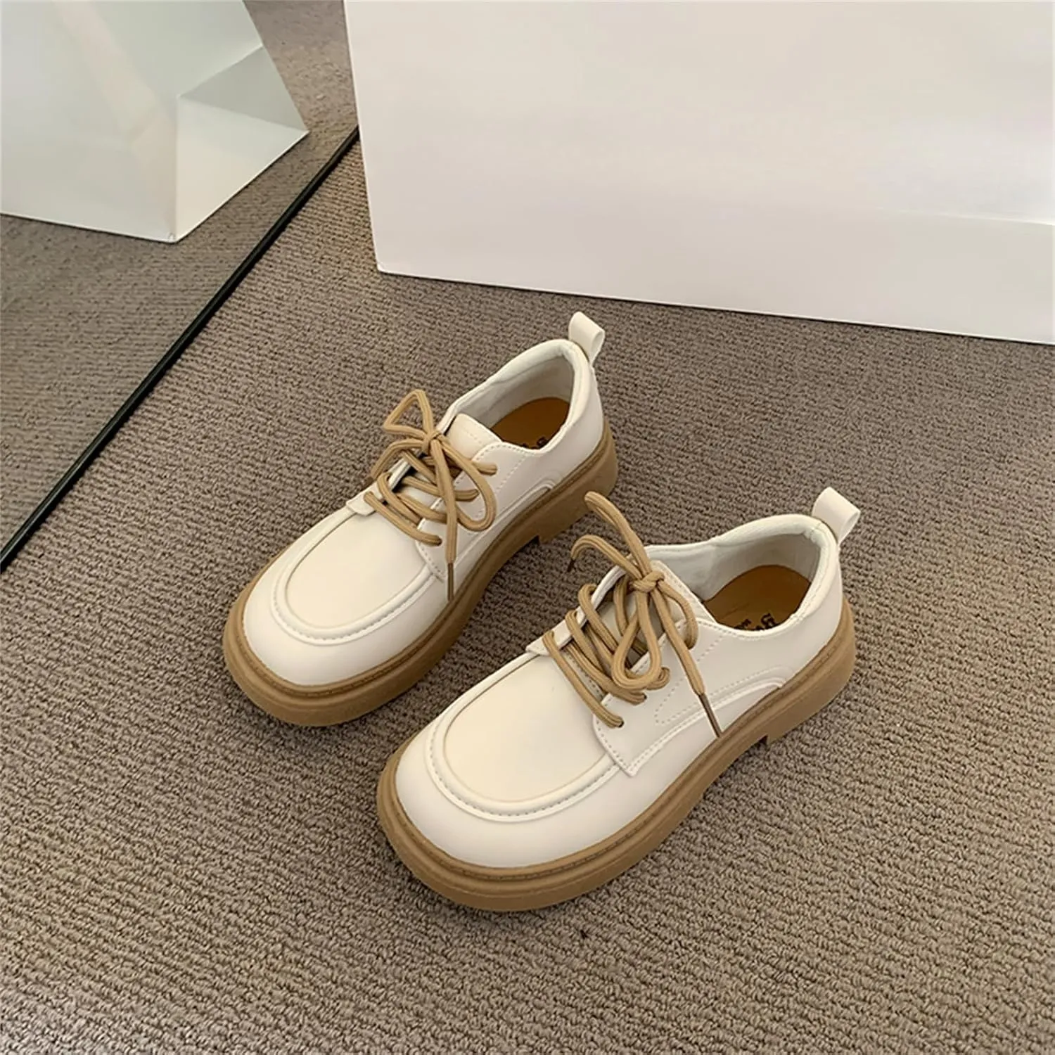 Women's Soft Leather Platform Lace Up Oxfords Casual Round Toe Mid Chunky Heel Penny Loafers for Work Business Office Shoes