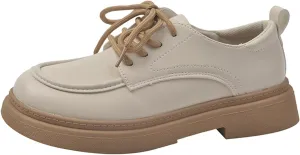 Women's Soft Leather Platform Lace Up Oxfords Casual Round Toe Mid Chunky Heel Penny Loafers for Work Business Office Shoes