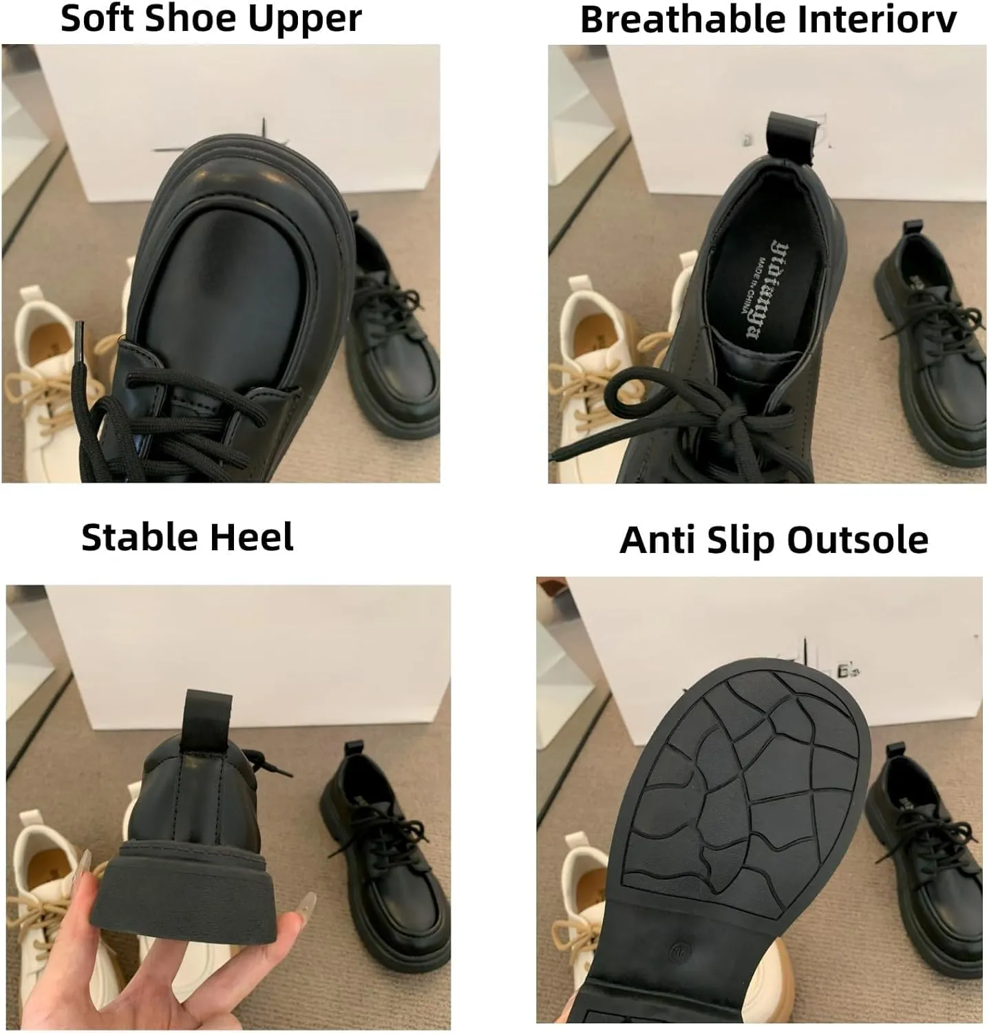 Women's Soft Leather Platform Lace Up Oxfords Casual Round Toe Mid Chunky Heel Penny Loafers for Work Business Office Shoes