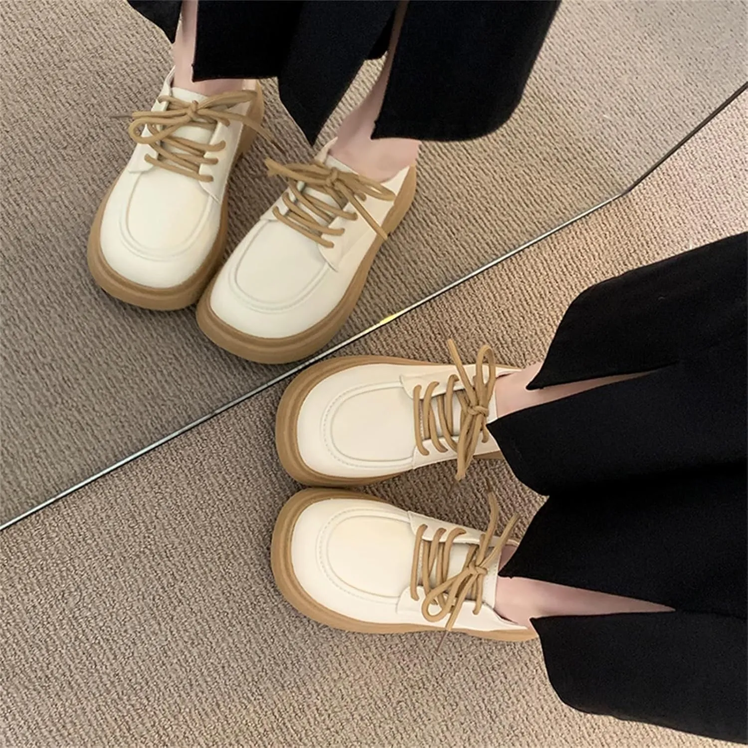 Women's Soft Leather Platform Lace Up Oxfords Casual Round Toe Mid Chunky Heel Penny Loafers for Work Business Office Shoes