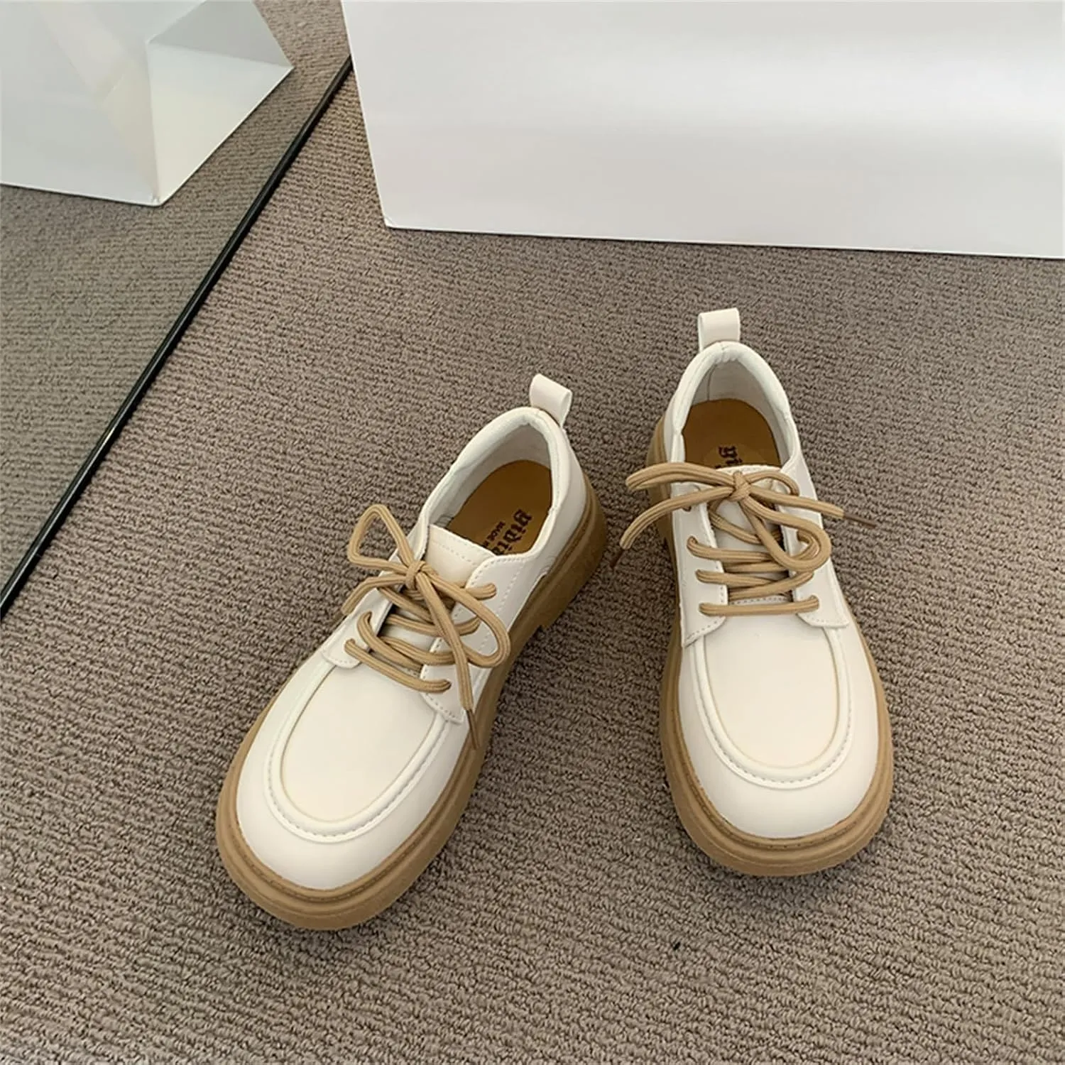 Women's Soft Leather Platform Lace Up Oxfords Casual Round Toe Mid Chunky Heel Penny Loafers for Work Business Office Shoes