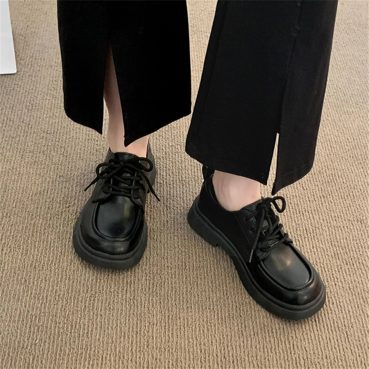 Women's Soft Leather Platform Lace Up Oxfords Casual Round Toe Mid Chunky Heel Penny Loafers for Work Business Office Shoes