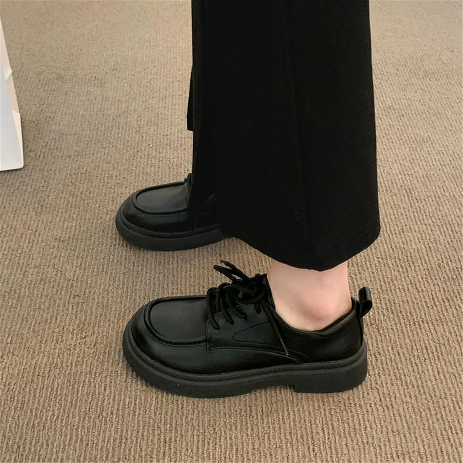 Women's Soft Leather Platform Lace Up Oxfords Casual Round Toe Mid Chunky Heel Penny Loafers for Work Business Office Shoes