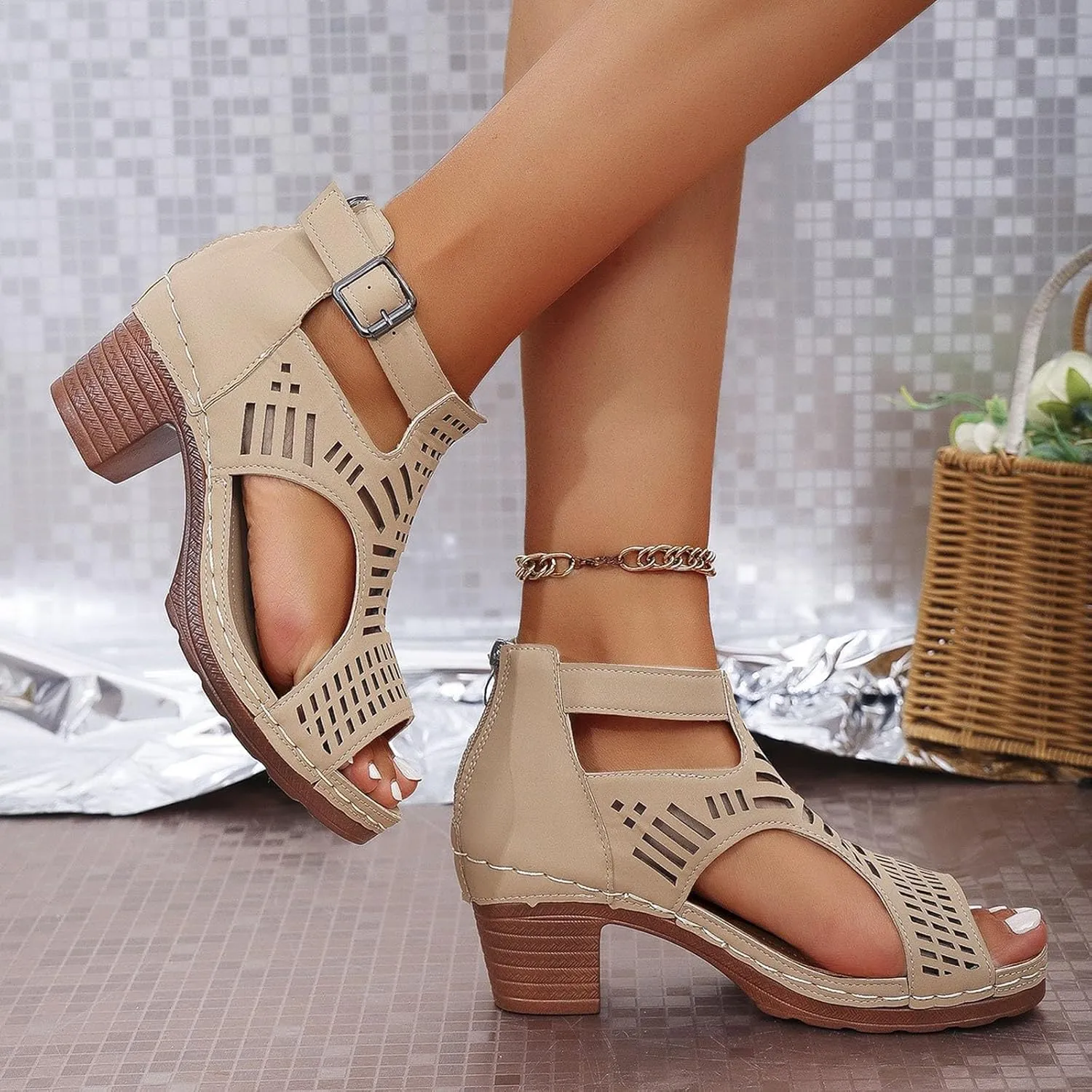 Women's Summer Fashion Leather Hollowed Out Platform Wedge Sandals Temperament Comfortable Womens Fuzzy Sandals Size 8