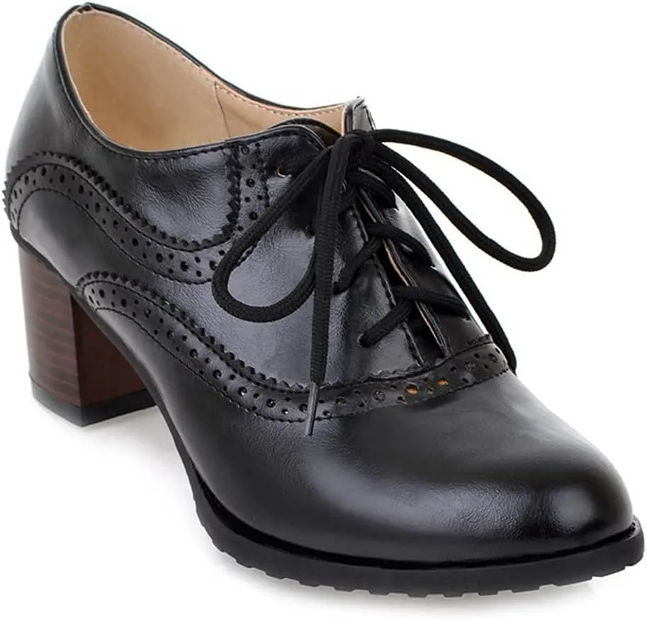 Women's Vintage Lace Up Pump Oxfords Round Toe Two Tone Wingtip Block Low Heel Brogues Dress Shoes