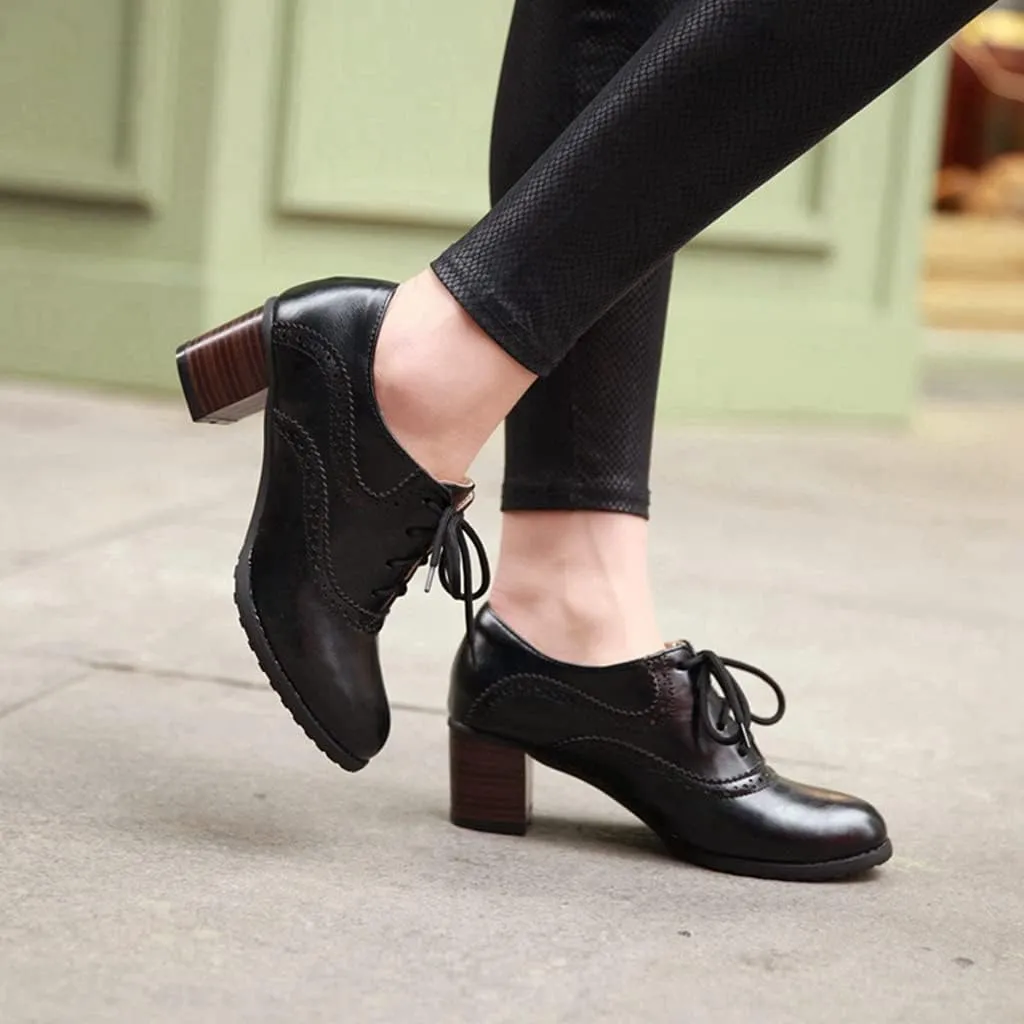Women's Vintage Lace Up Pump Oxfords Round Toe Two Tone Wingtip Block Low Heel Brogues Dress Shoes