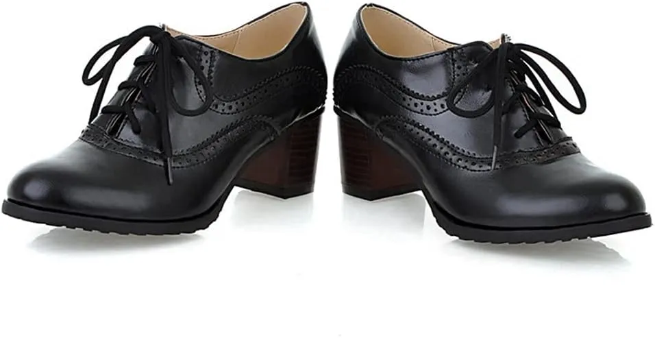 Women's Vintage Lace Up Pump Oxfords Round Toe Two Tone Wingtip Block Low Heel Brogues Dress Shoes