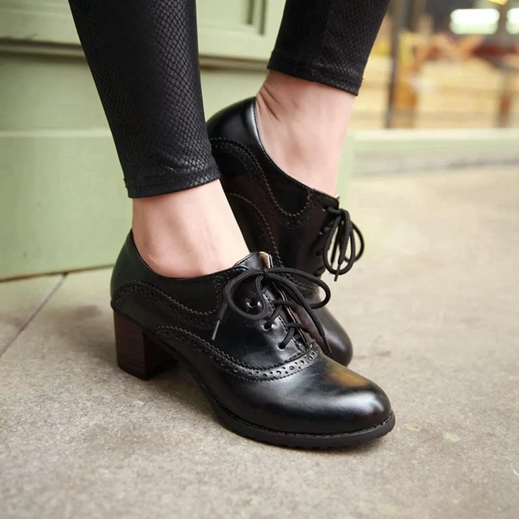 Women's Vintage Lace Up Pump Oxfords Round Toe Two Tone Wingtip Block Low Heel Brogues Dress Shoes