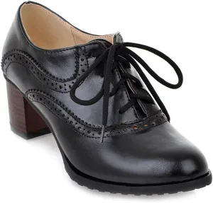 Women's Vintage Lace Up Pump Oxfords Round Toe Two Tone Wingtip Block Low Heel Brogues Dress Shoes